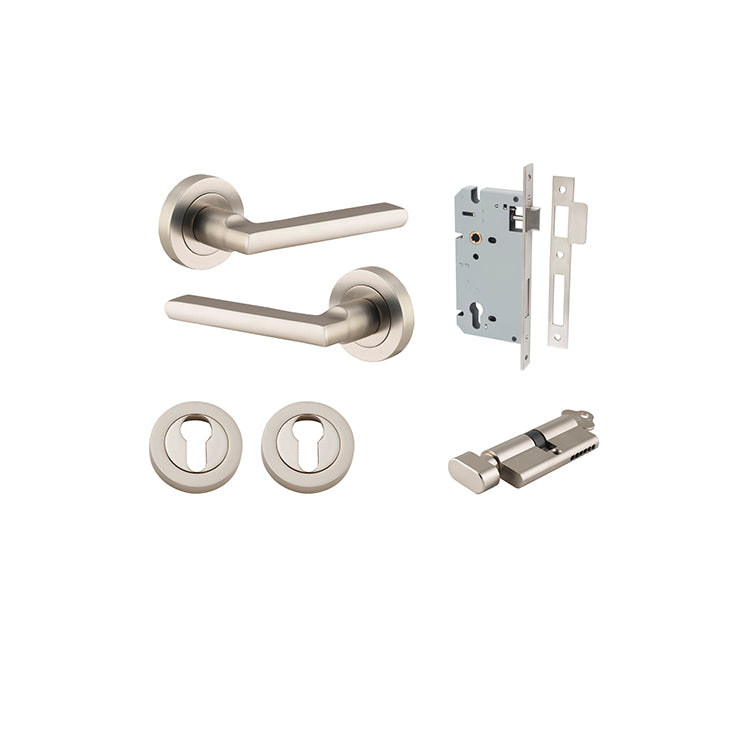 Baltimore Lever - Round Rose Entrance Kit with Separate High Security Lock Satin Nickel / Solid Brass