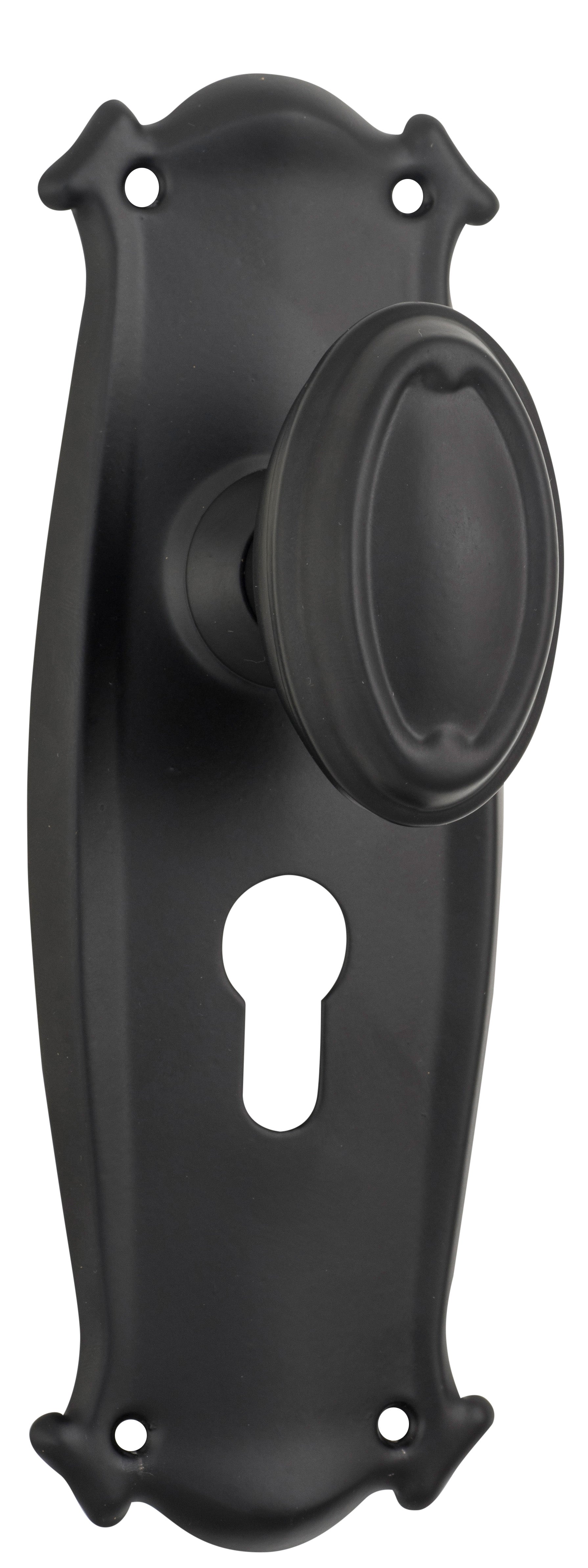 Traditional Bungalow Door Knob - Long Backplate Matt Black / Euro | Entrance