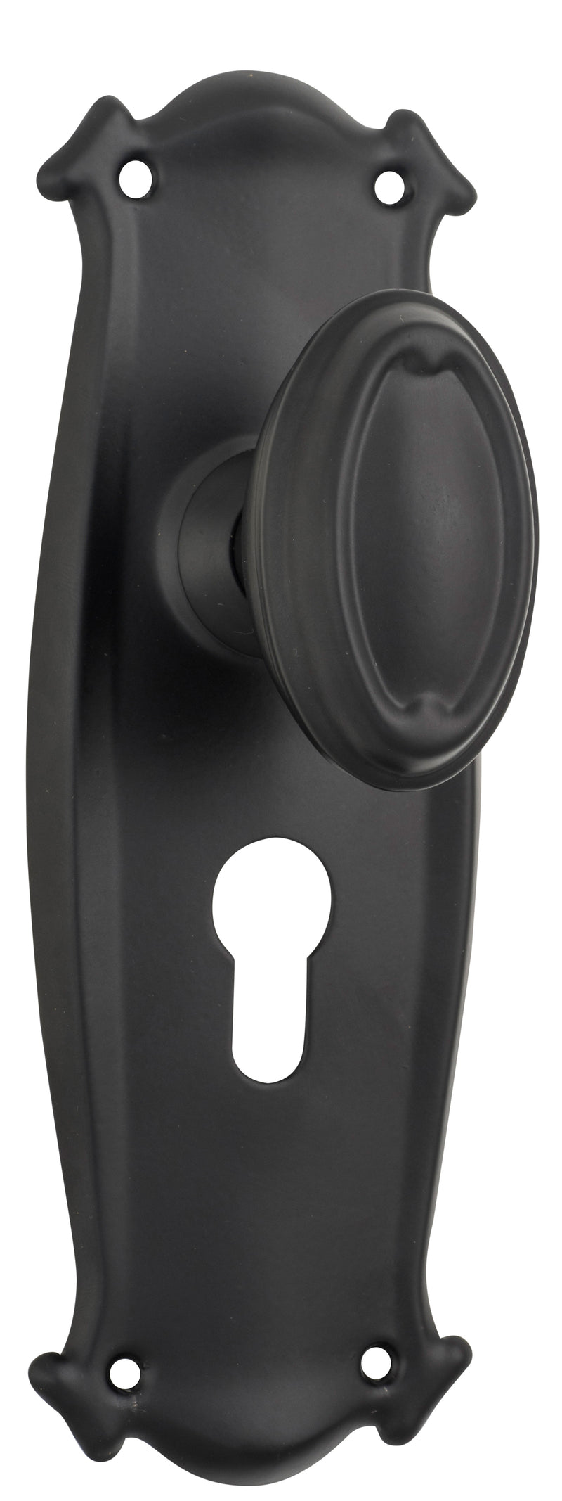 Traditional Bungalow Door Knob - Long Backplate Matt Black / Euro | Entrance