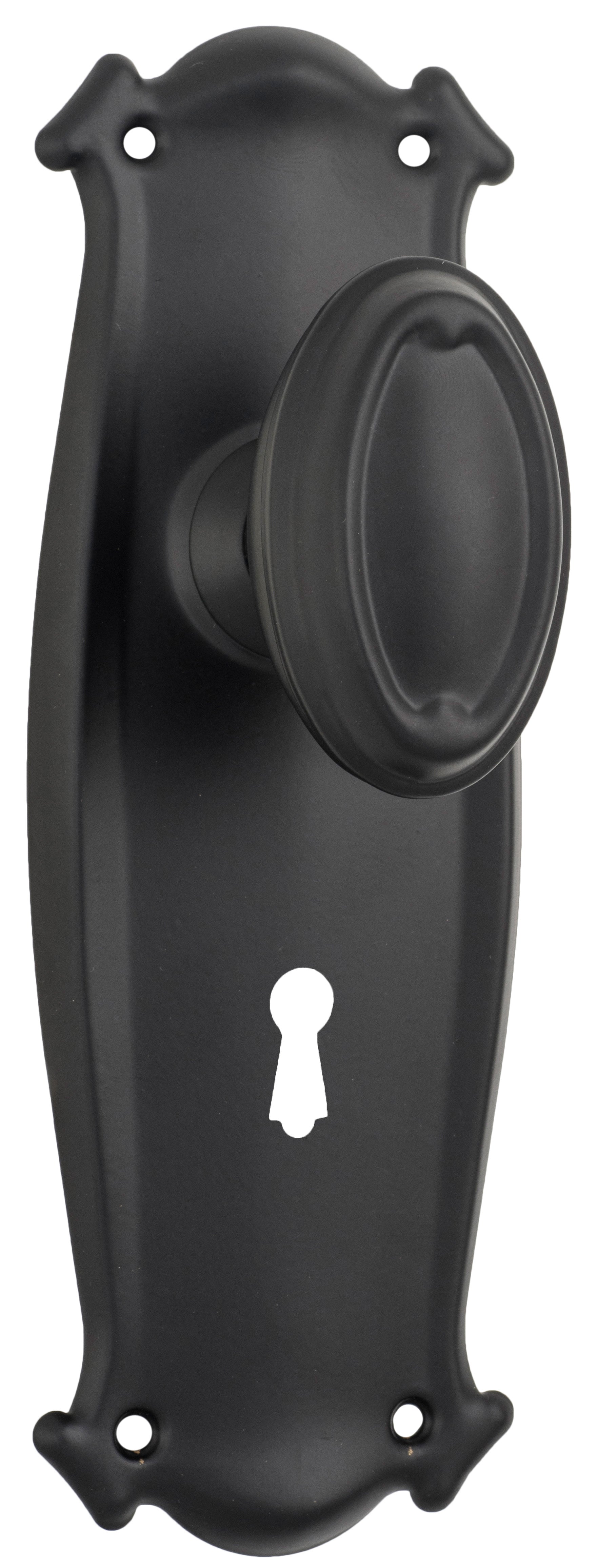Traditional Bungalow Door Knob - Long Backplate Matt Black / Lock | Lock (Skeleton Key)