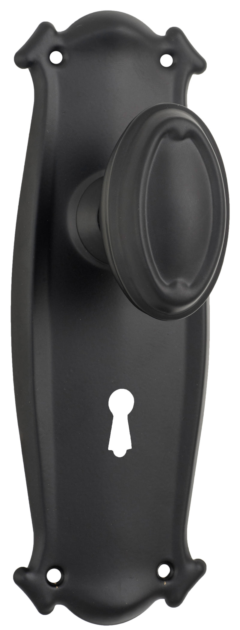 Traditional Bungalow Door Knob - Long Backplate Matt Black / Lock | Lock (Skeleton Key)