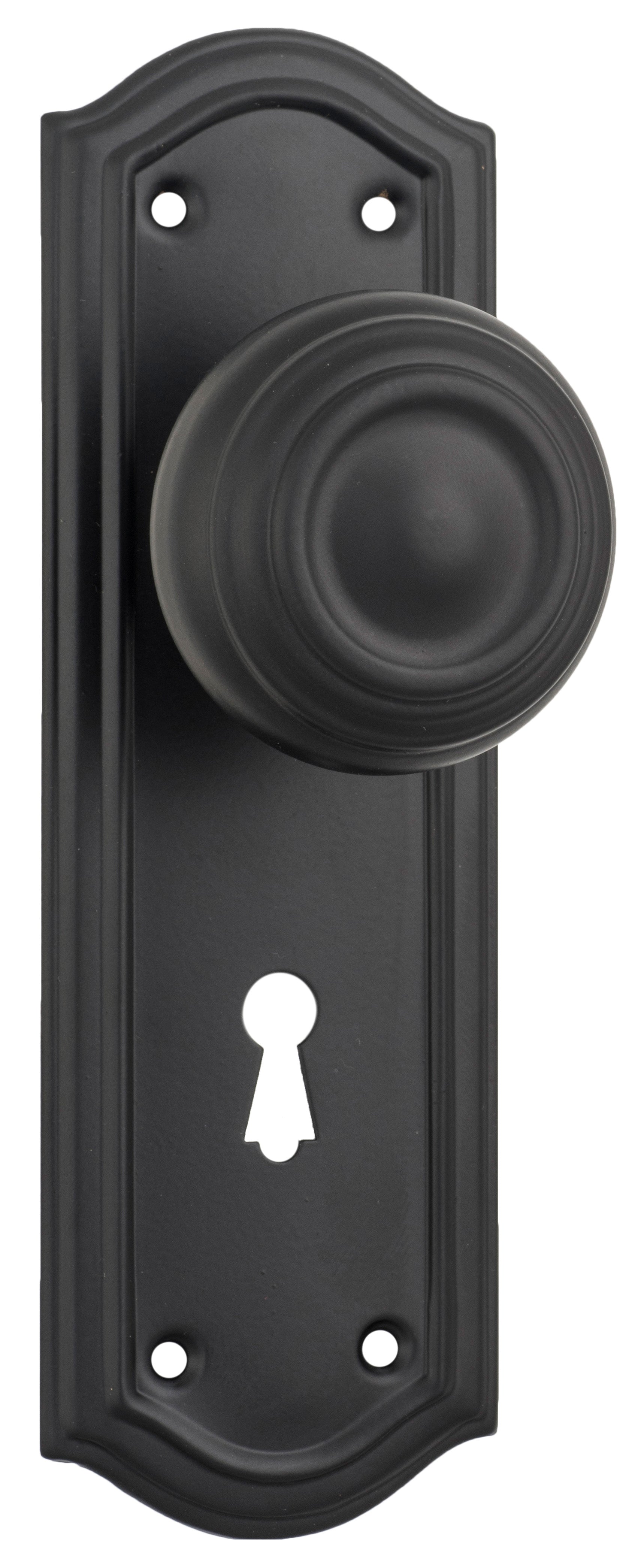 Kensington Door Knob - Long Backplate Matt Black / Lock | Lock (Skeleton Key)