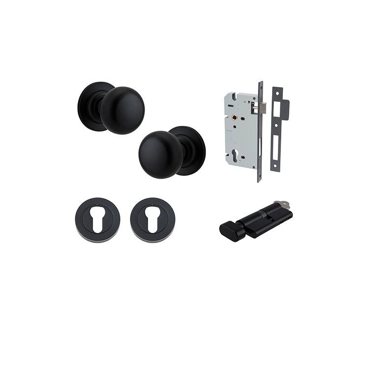 Cambridge Knob - Round Rose Entrance Kit with Separate High Security Lock Matt Black / Solid Brass