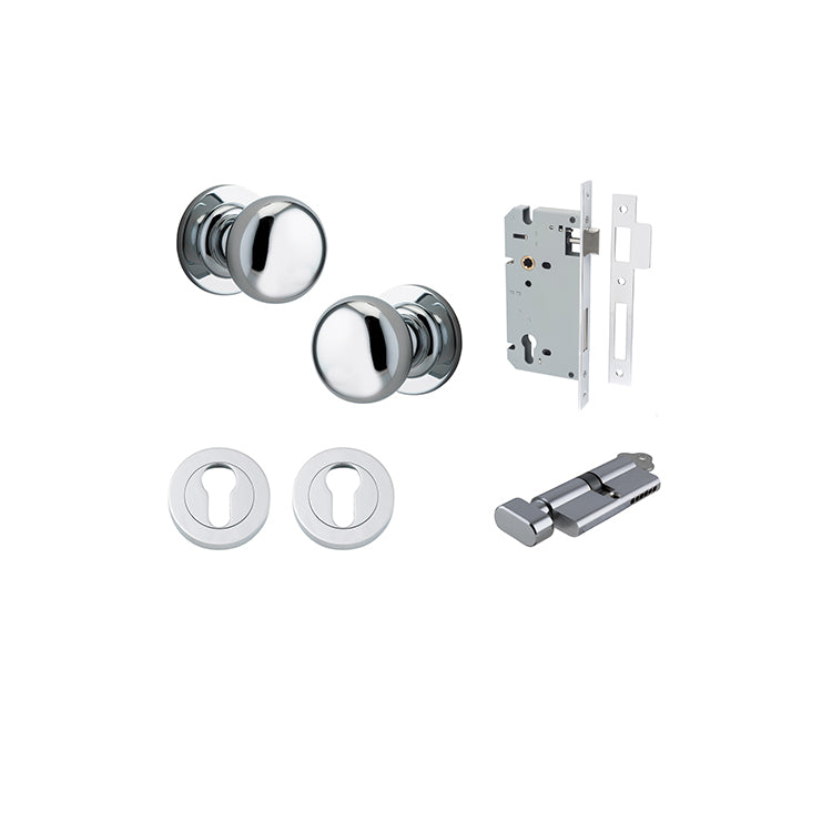 Cambridge Knob - Round Rose Entrance Kit with Separate High Security Lock Chrome Plated / Solid Brass