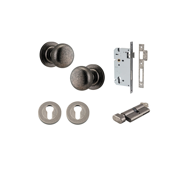 Cambridge Knob - Round Rose Entrance Kit with Separate High Security Lock Rumbled Nickel / Solid Brass
