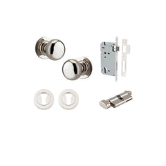 Cambridge Knob - Round Rose Entrance Kit with Separate High Security Lock Polished Nickel / Solid Brass