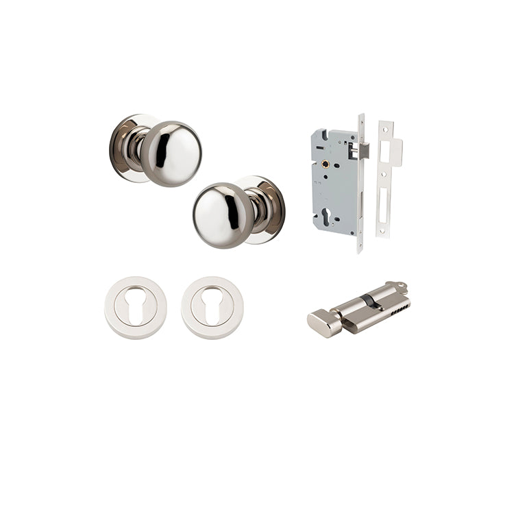 Cambridge Knob - Round Rose Entrance Kit with Separate High Security Lock Polished Nickel / Solid Brass
