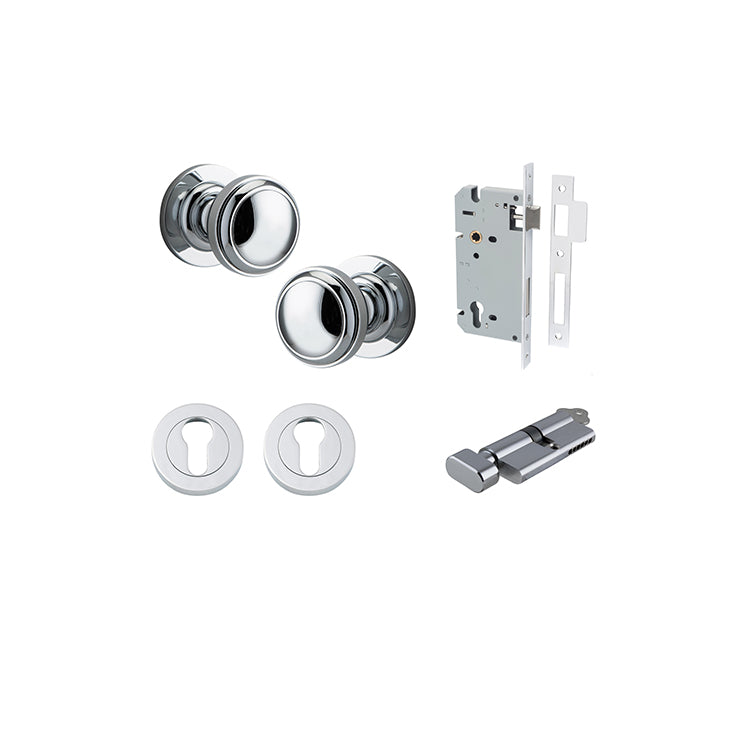 Paddington Knob - Round Rose Entrance Kit with Separate High Security Lock Chrome Plated / Solid Brass