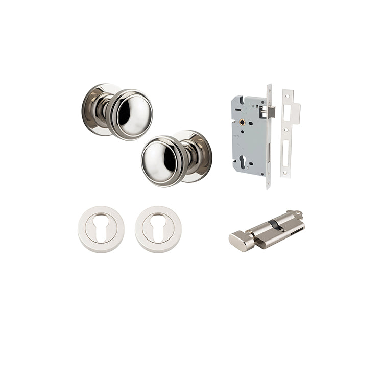 Paddington Knob - Round Rose Entrance Kit with Separate High Security Lock Polished Nickel / Solid Brass