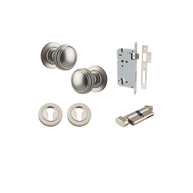 Paddington Knob - Round Rose Entrance Kit with Separate High Security Lock Satin Nickel / Solid Brass