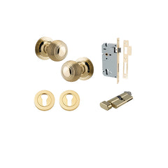 Guildford Knob - Round Rose Entrance Kit with Separate High Security Lock Polished Brass / Solid Brass