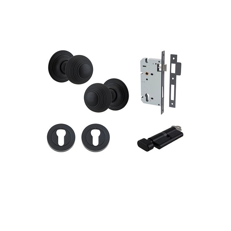 Guildford Knob - Round Rose Entrance Kit with Separate High Security Lock Matt Black / Solid Brass