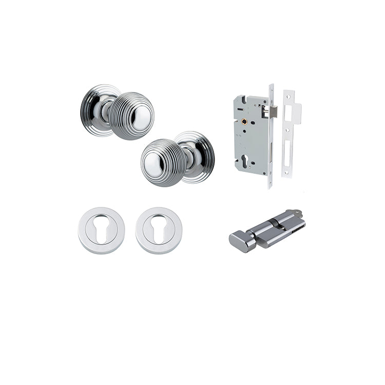 Guildford Knob - Round Rose Entrance Kit with Separate High Security Lock Chrome Plated / Solid Brass