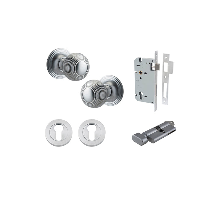 Guildford Knob - Round Rose Entrance Kit with Separate High Security Lock Satin Chrome / Solid Brass
