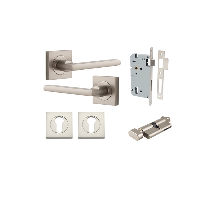 Baltimore Lever - Square Rose Entrance Kit with Separate High Security Lock Satin Nickel / Solid Brass