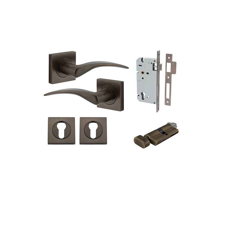 Oxford Lever - Square Rose Entrance Kit with Separate High Security Lock Antique Brass / Solid Brass