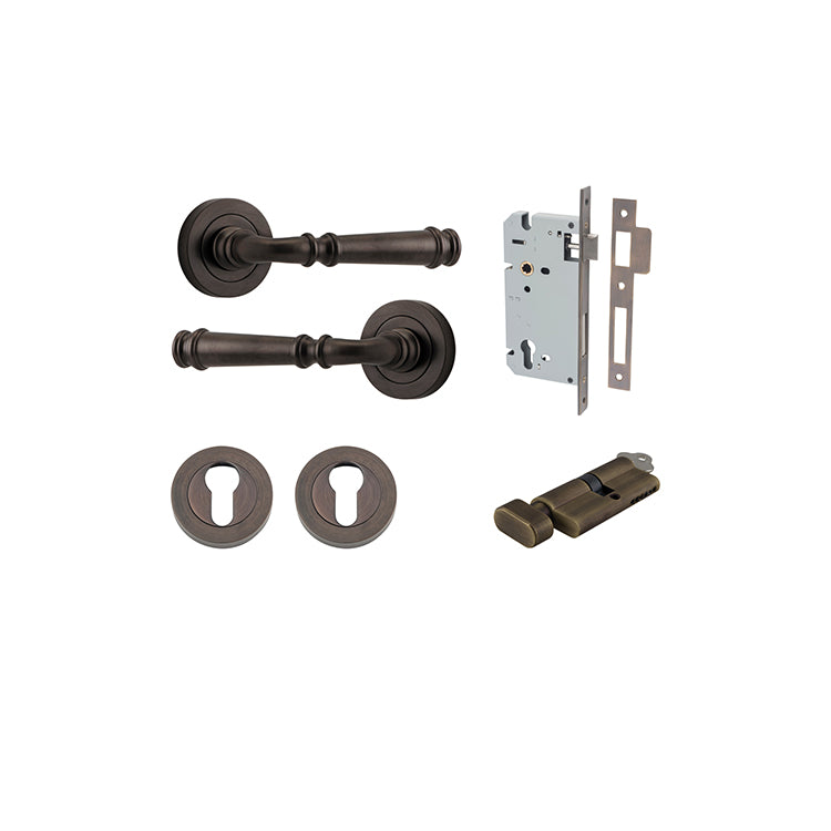 Verona Lever - Round Rose Entrance Kit with Separate High Security Lock Antique Brass / Solid Brass