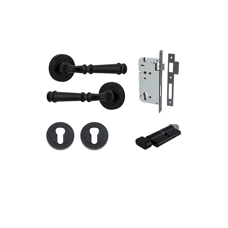 Verona Lever - Round Rose Entrance Kit with Separate High Security Lock Matt Black / Solid Brass