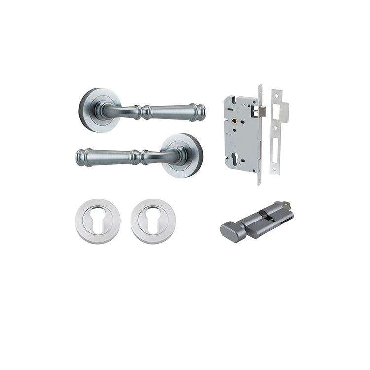 Verona Lever - Round Rose Entrance Kit with Separate High Security Lock Satin Chrome / Solid Brass