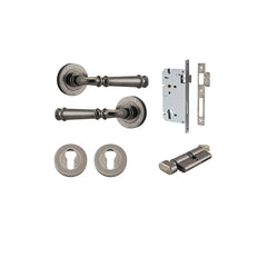 Verona Lever - Round Rose Entrance Kit with Separate High Security Lock Rumbled Nickel / Solid Brass