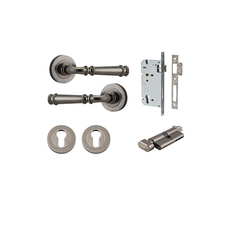 Verona Lever - Round Rose Entrance Kit with Separate High Security Lock Rumbled Nickel / Solid Brass