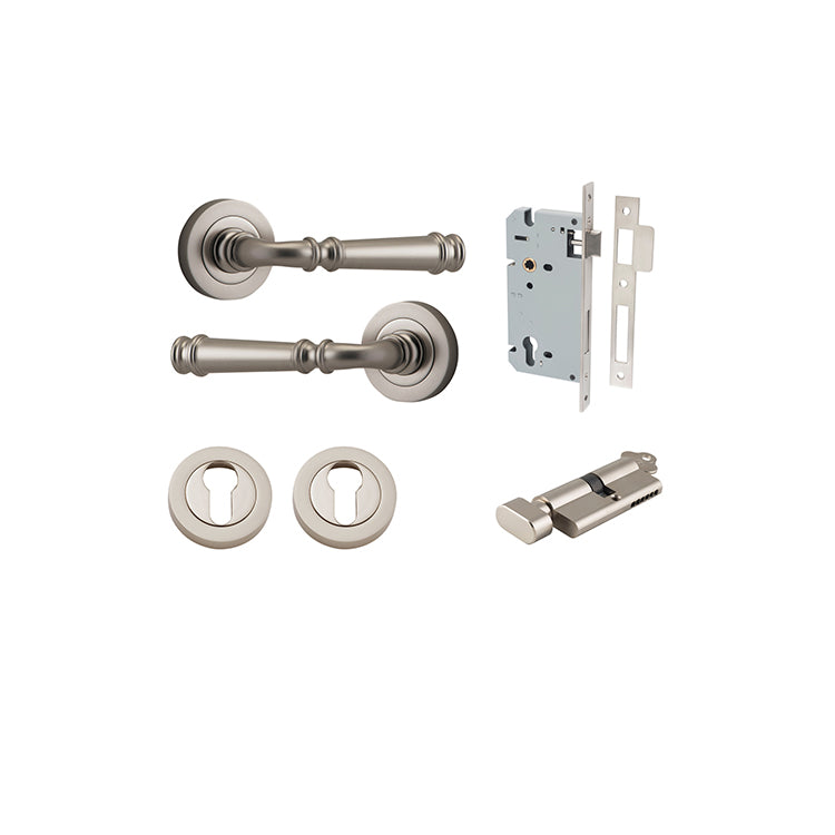 Verona Lever - Round Rose Entrance Kit with Separate High Security Lock Satin Nickel / Solid Brass