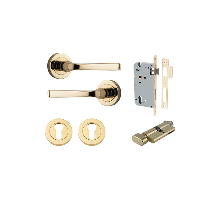 Annecy Lever - Round Rose Entrance Kit with Separate High Security Lock Polished Brass / Solid Brass