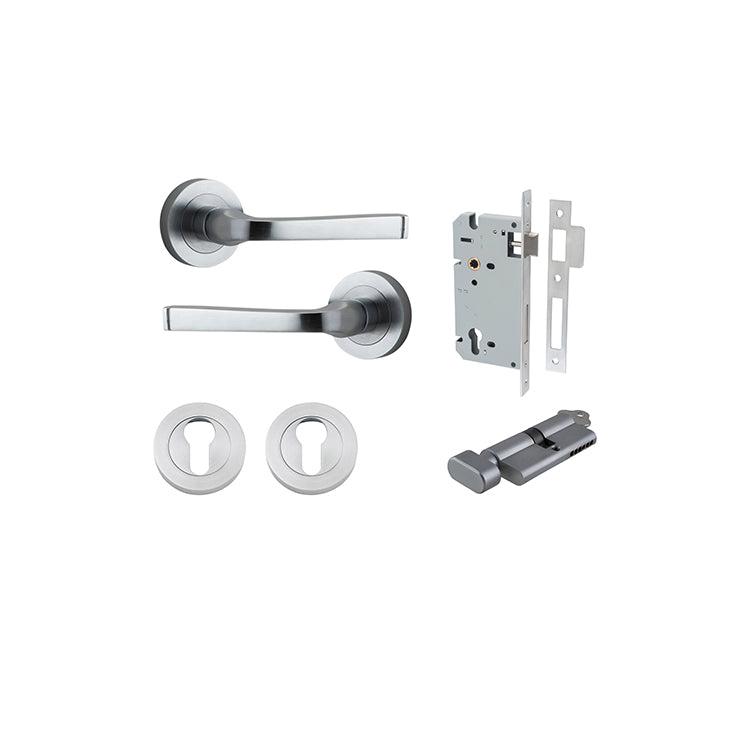 Annecy Lever - Round Rose Entrance Kit with Separate High Security Lock Satin Chrome / Solid Brass