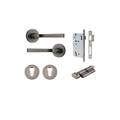 Annecy Lever - Round Rose Entrance Kit with Separate High Security Lock Rumbled Nickel / Solid Brass