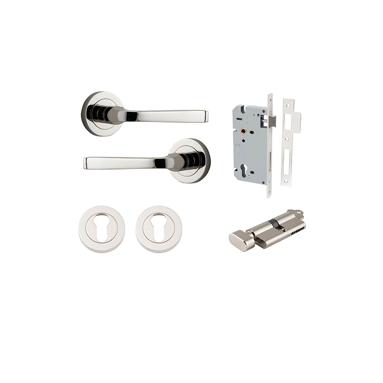 Annecy Lever - Round Rose Entrance Kit with Separate High Security Lock Polished Nickel / Solid Brass