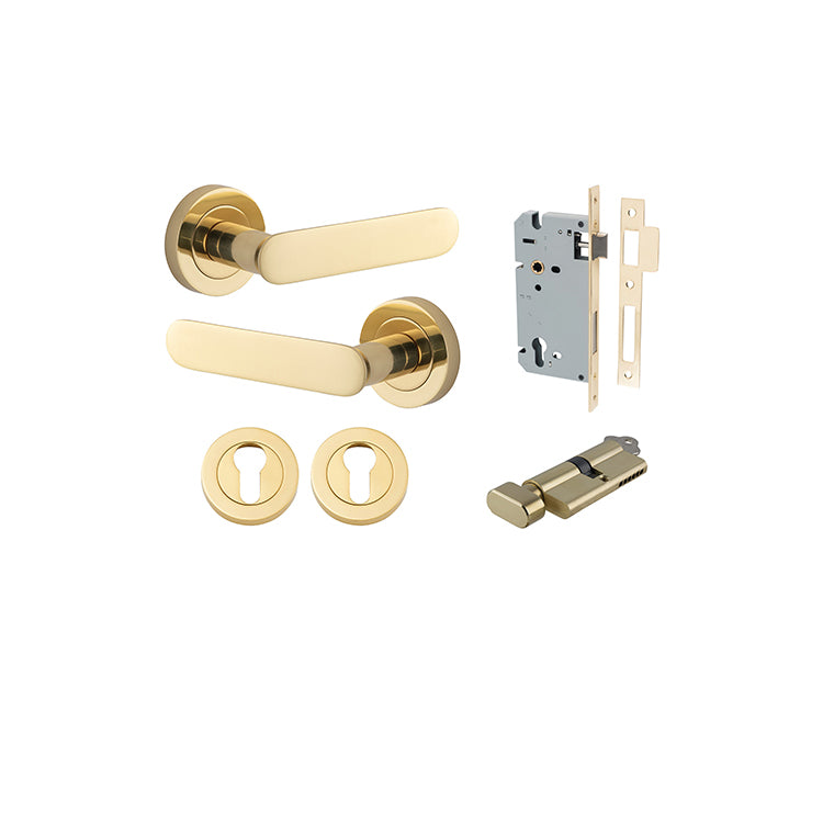 Bronte Lever - Round Rose Entrance Kit with High Security Lock Polished Brass / Solid Brass