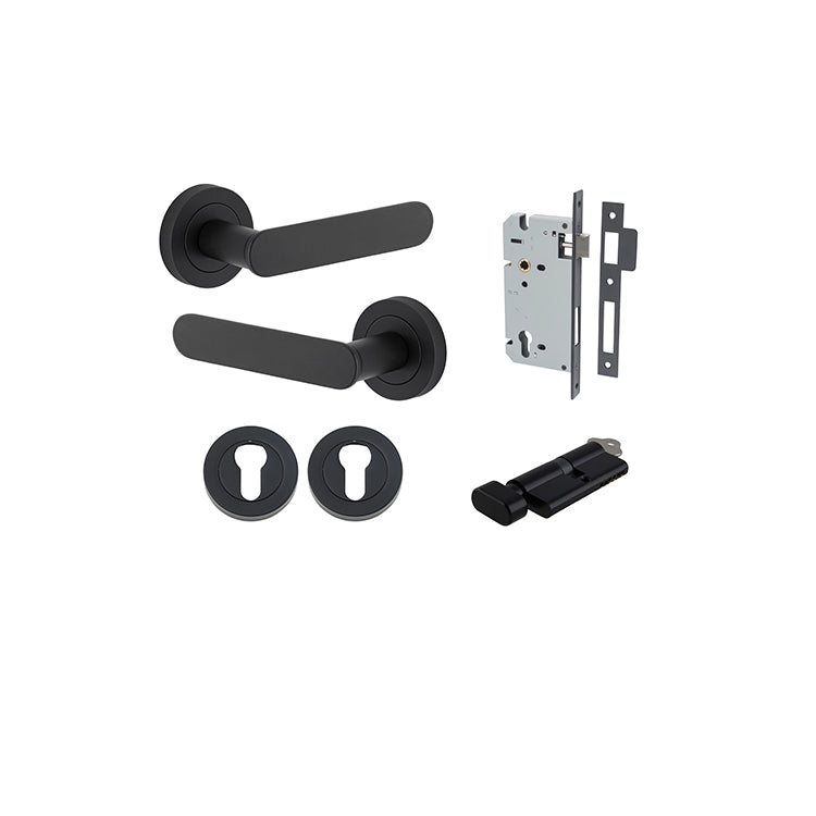 Bronte Lever - Round Rose Entrance Kit with High Security Lock Matt Black / Solid Brass