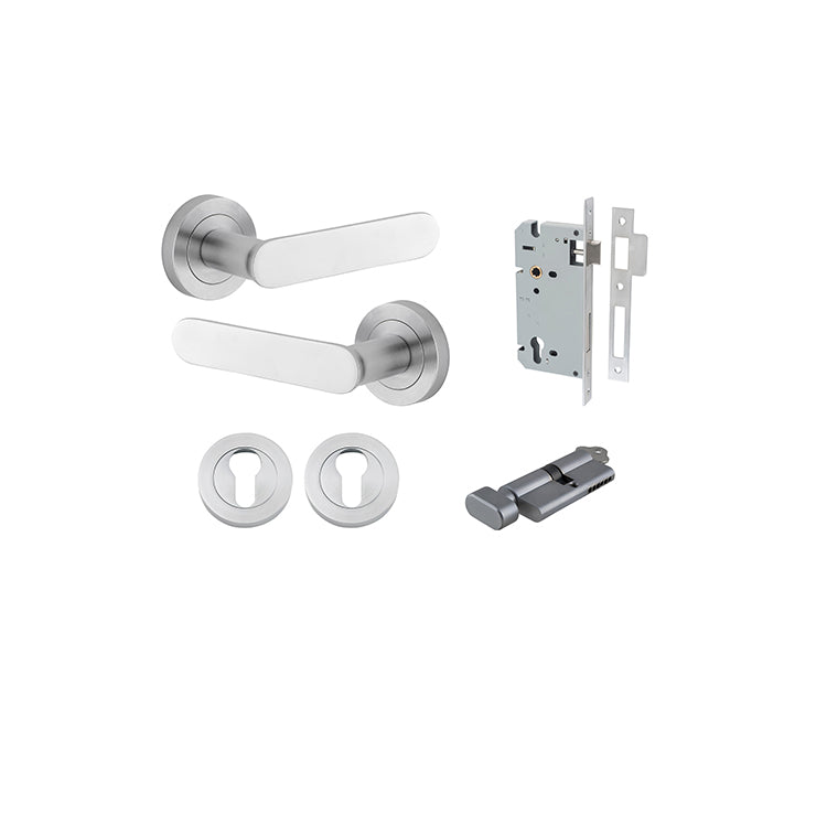 Bronte Lever - Round Rose Entrance Kit with High Security Lock Satin Chrome / Solid Brass