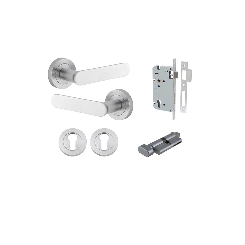 Bronte Lever - Round Rose Entrance Kit with High Security Lock Satin Chrome / Solid Brass