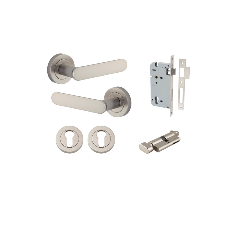 Bronte Lever - Round Rose Entrance Kit with High Security Lock Satin Nickel / Solid Brass