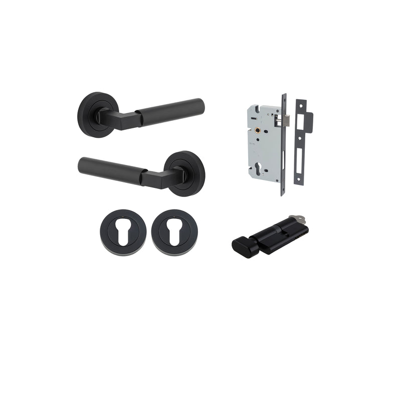 Berlin Lever - Round Rose Entrance Kit with High Security Lock Matt Black / Solid Brass