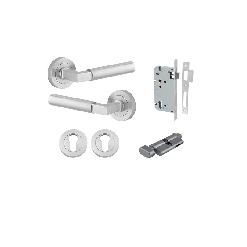 Berlin Lever - Round Rose Entrance Kit with High Security Lock Satin Chrome / Solid Brass