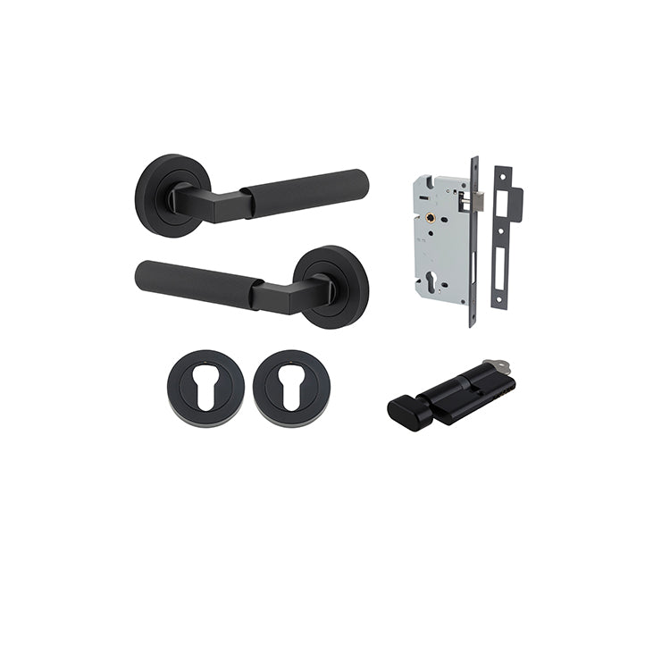 Brunswick Lever - Round Rose Entrance Kit with High Security Lock Matt Black / Solid Brass