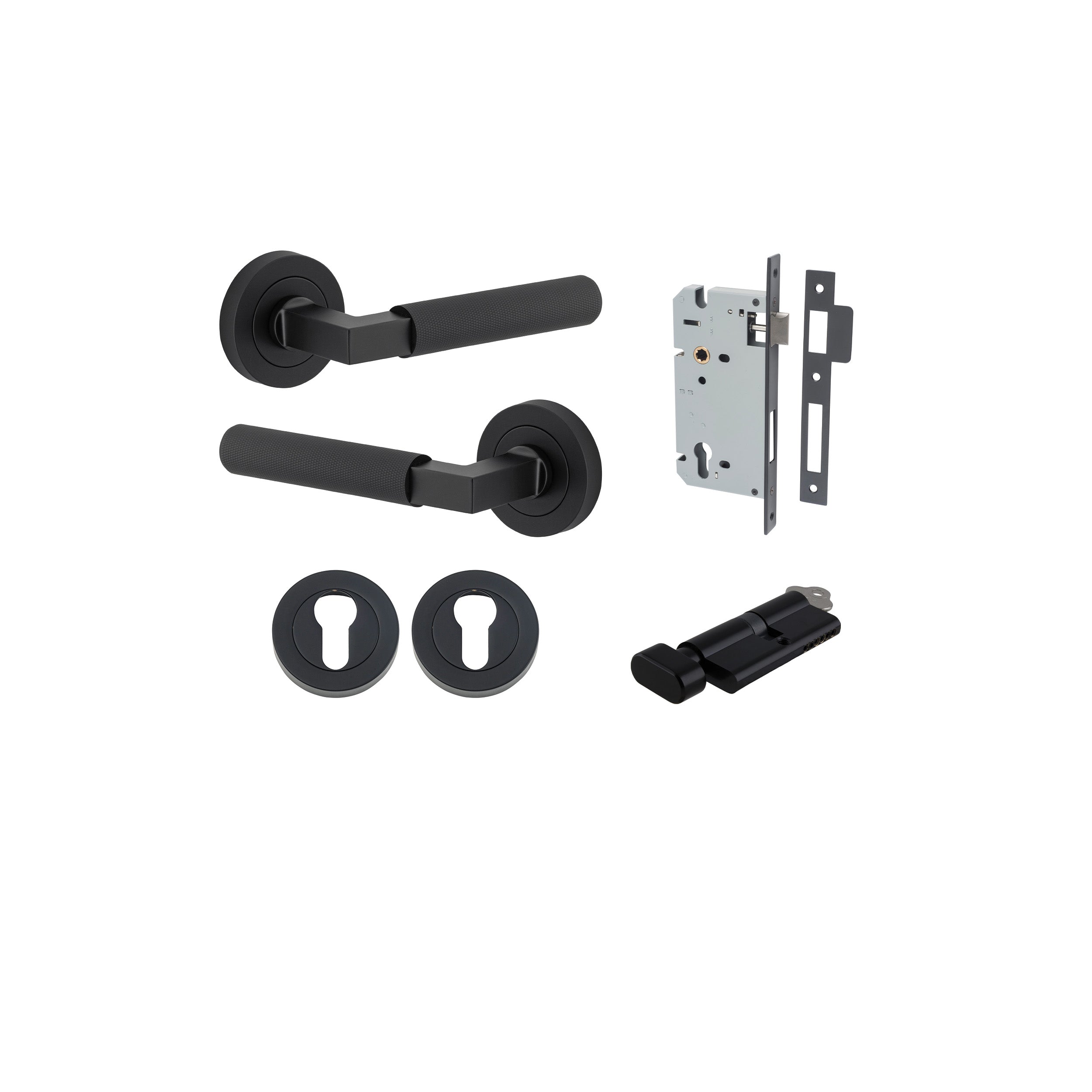 Brunswick Lever - Round Rose Entrance Kit with High Security Lock Matt Black / Solid Brass