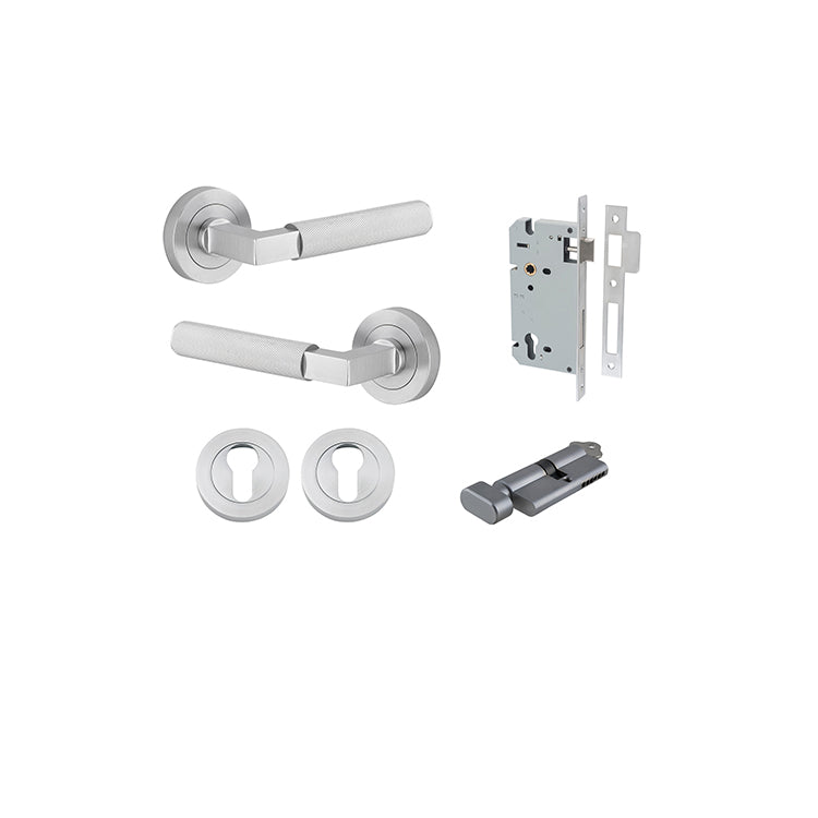 Brunswick Lever - Round Rose Entrance Kit with High Security Lock Satin Chrome / Solid Brass