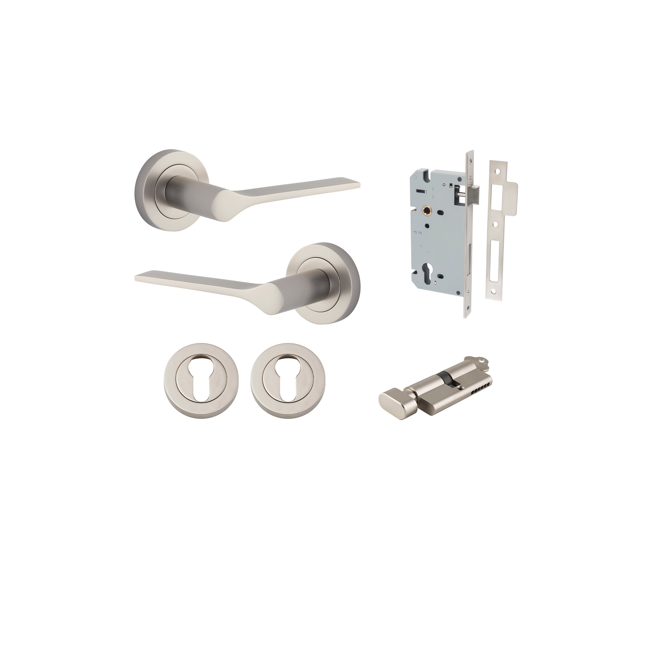 Como Lever - Round Rose Entrance Kit with High Security Lock Satin Nickel / Solid Brass