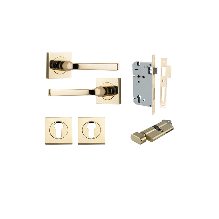 Annecy Lever - Square Rose Entrance Kit with Separate High Security Lock Polished Brass / Solid Brass