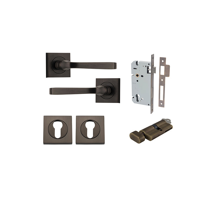 Annecy Lever - Square Rose Entrance Kit with Separate High Security Lock Antique Brass / Solid Brass