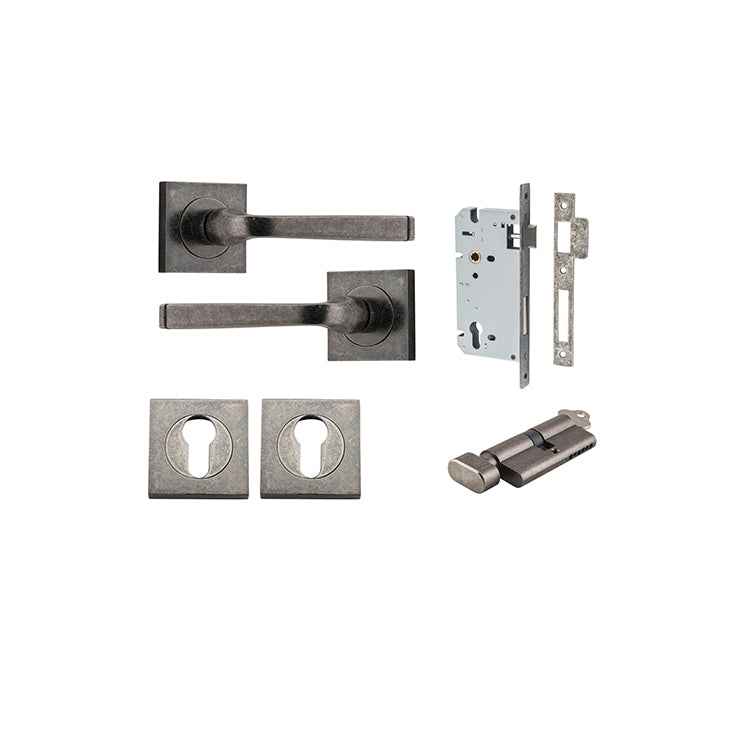 Annecy Lever - Square Rose Entrance Kit with Separate High Security Lock Rumbled Nickel / Solid Brass