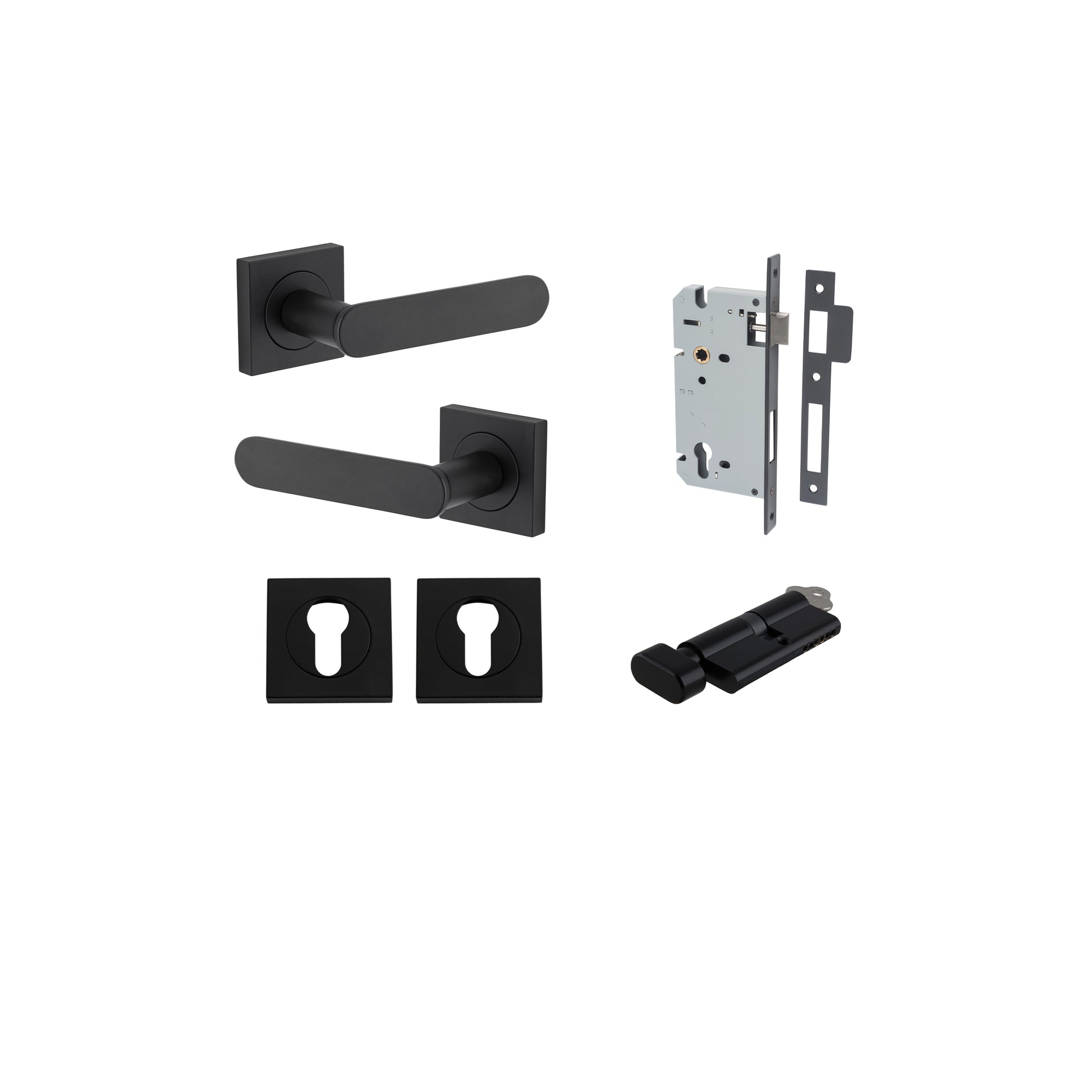 Bronte Lever - Square Rose Entrance Kit with High Security Lock Matt Black / Solid Brass