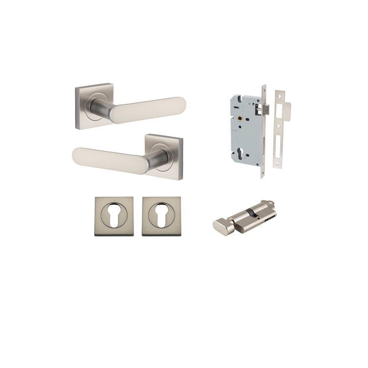 Bronte Lever - Square Rose Entrance Kit with High Security Lock Satin Nickel / Solid Brass
