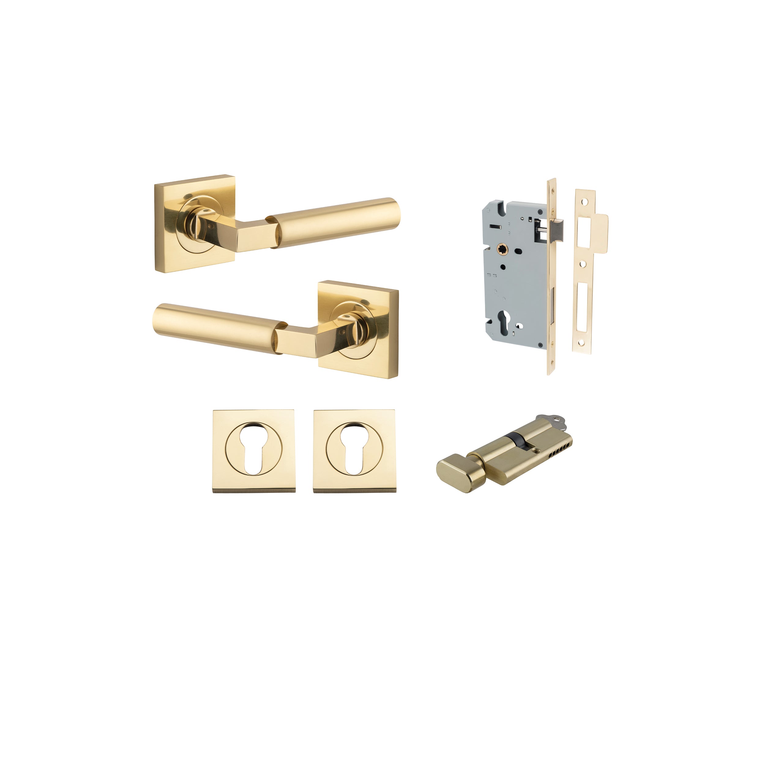 Berlin Lever - Square Rose Entrance Kit with High Security Lock Polished Brass / Solid Brass