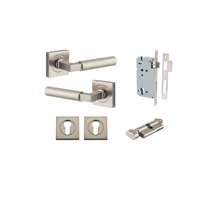 Berlin Lever - Square Rose Entrance Kit with High Security Lock Satin Nickel / Solid Brass