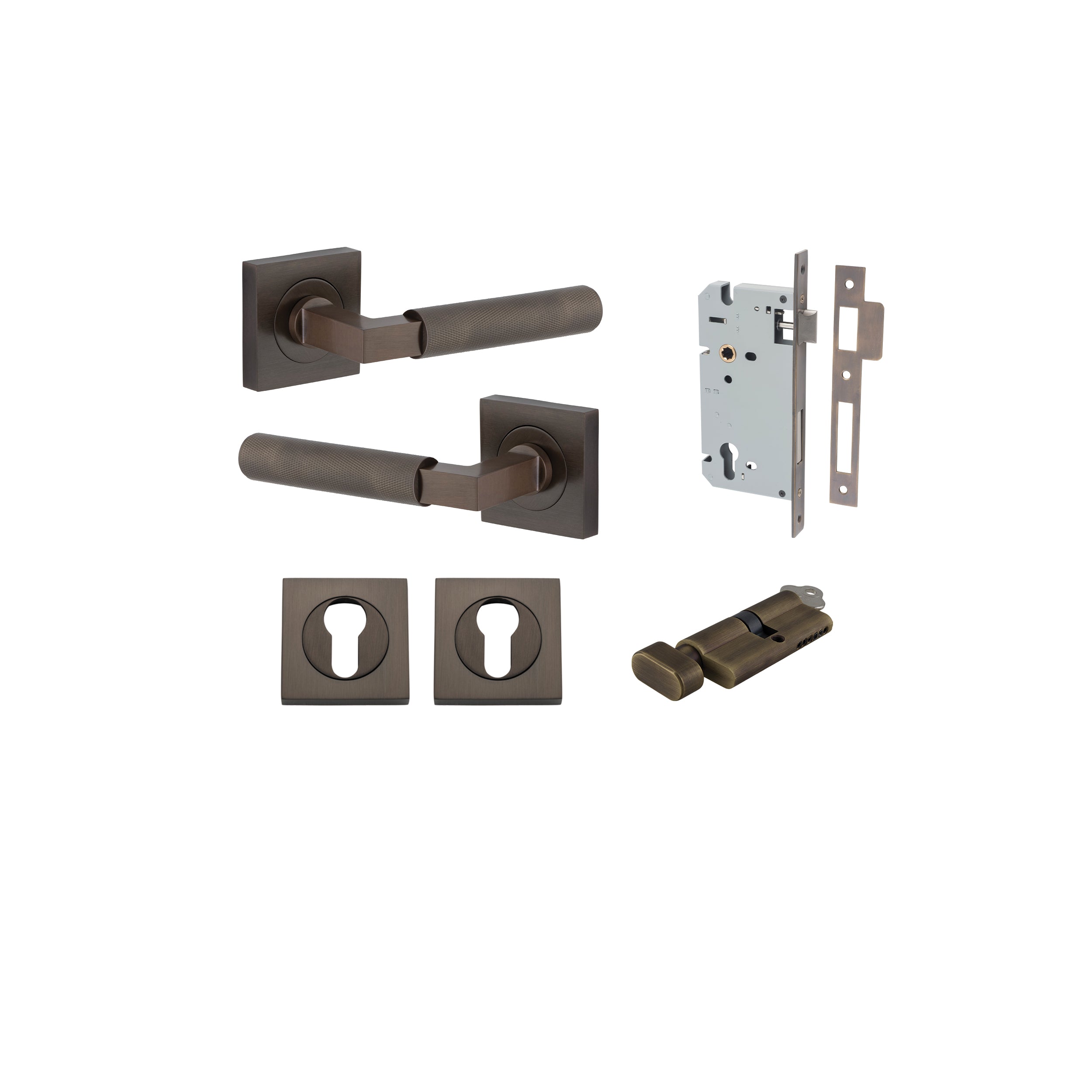 Brunswick Lever - Square Rose Entrance Kit with High Security Lock Antique Brass / Solid Brass