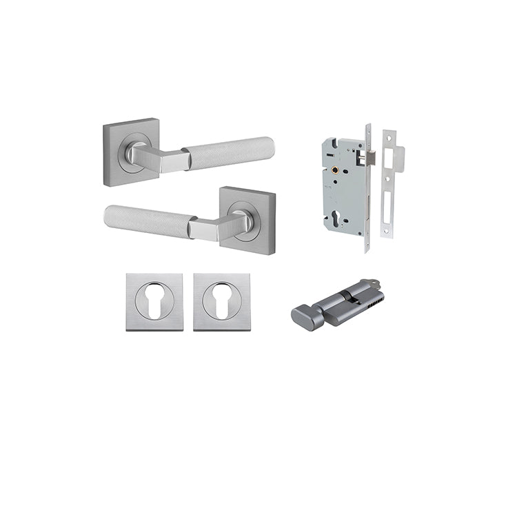 Brunswick Lever - Square Rose Entrance Kit with High Security Lock Satin Chrome / Solid Brass